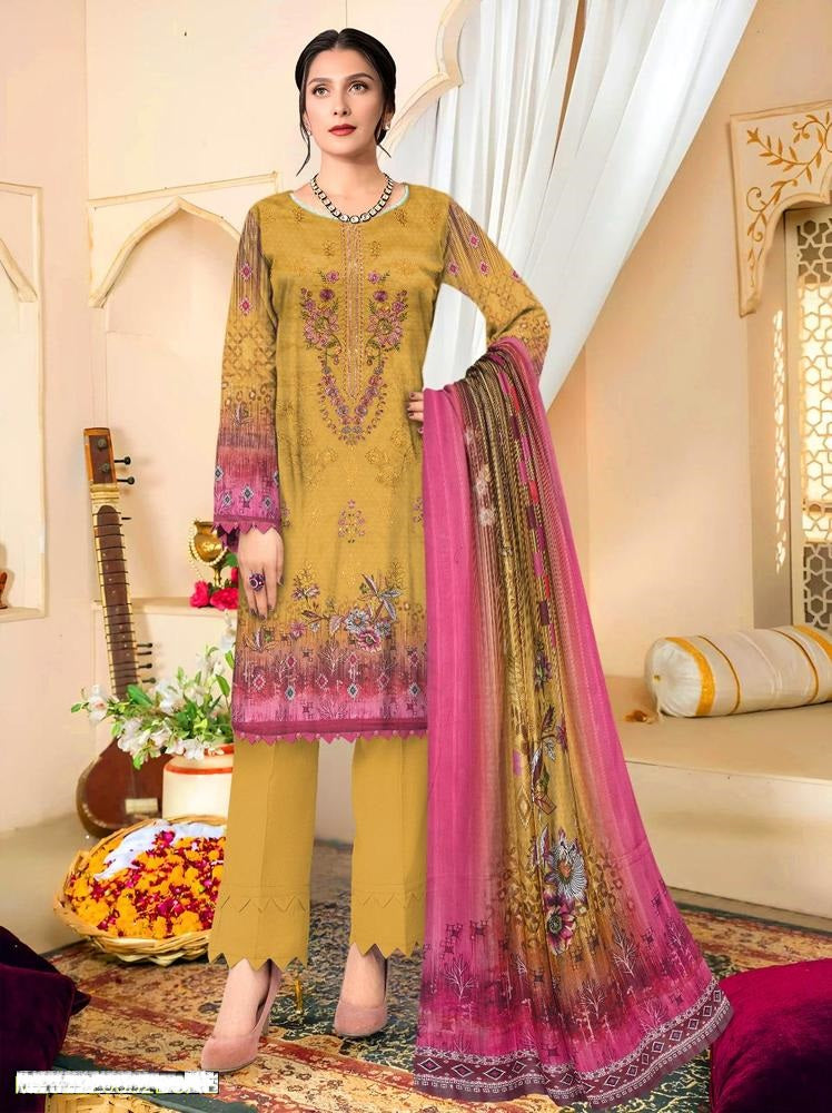 3 Pcs Women's Unstitched Lawn Embroidered Suit