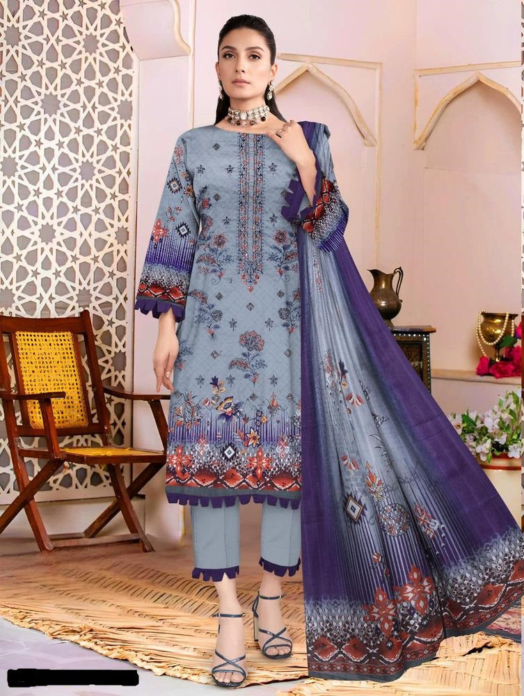 3 Pcs Women's Unstitched Lawn Embroidered Suit