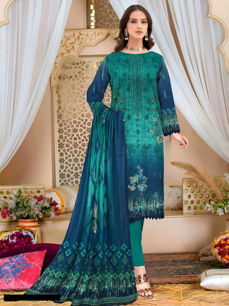 3 Pcs Women's Unstitched Lawn Embroidered Suit