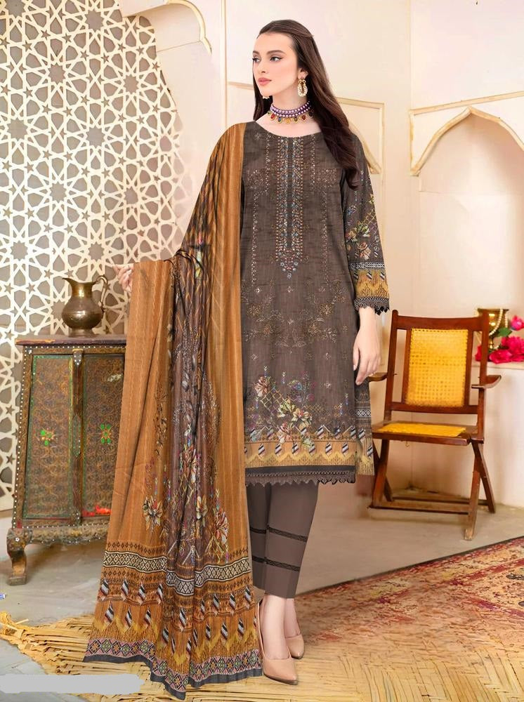 3 Pcs Women's Unstitched Lawn Embroidered Suit