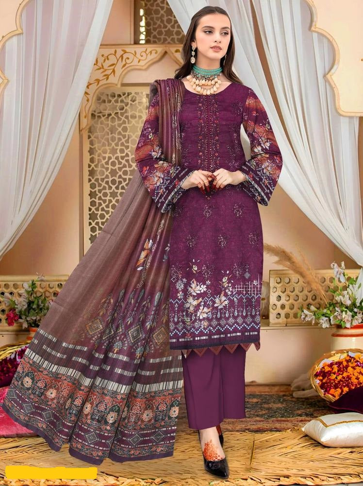 3 Pcs Women's Unstitched Lawn Embroidered Suit