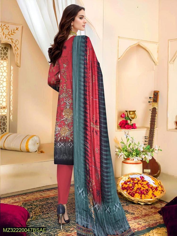 3 Pcs Women's Unstitched Lawn Embroidered Suit