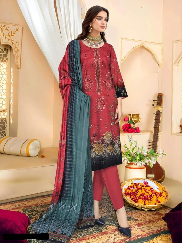 3 Pcs Women's Unstitched Lawn Embroidered Suit