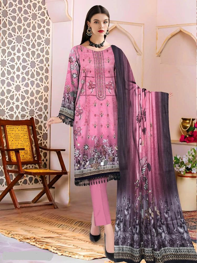 3 Pcs Women's Unstitched Lawn Embroidered Suit