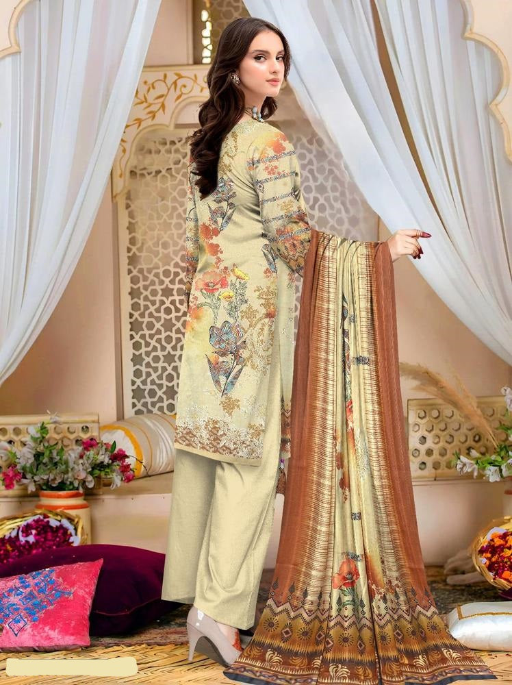 3 Pcs Women's Unstitched Lawn Embroidered Suit