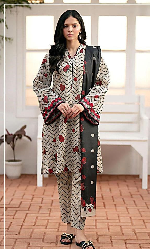 3 Pcs Women's Unstitched Lawn Printed Suit