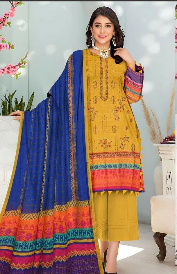 3 Pcs Women's Unstitched Lawn Printed Suit