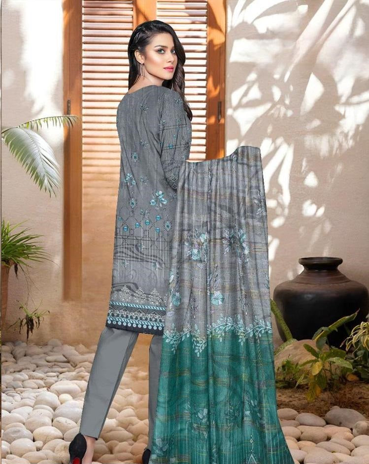 3 Pcs Women's Unstitched Lawn Embroidered Suit