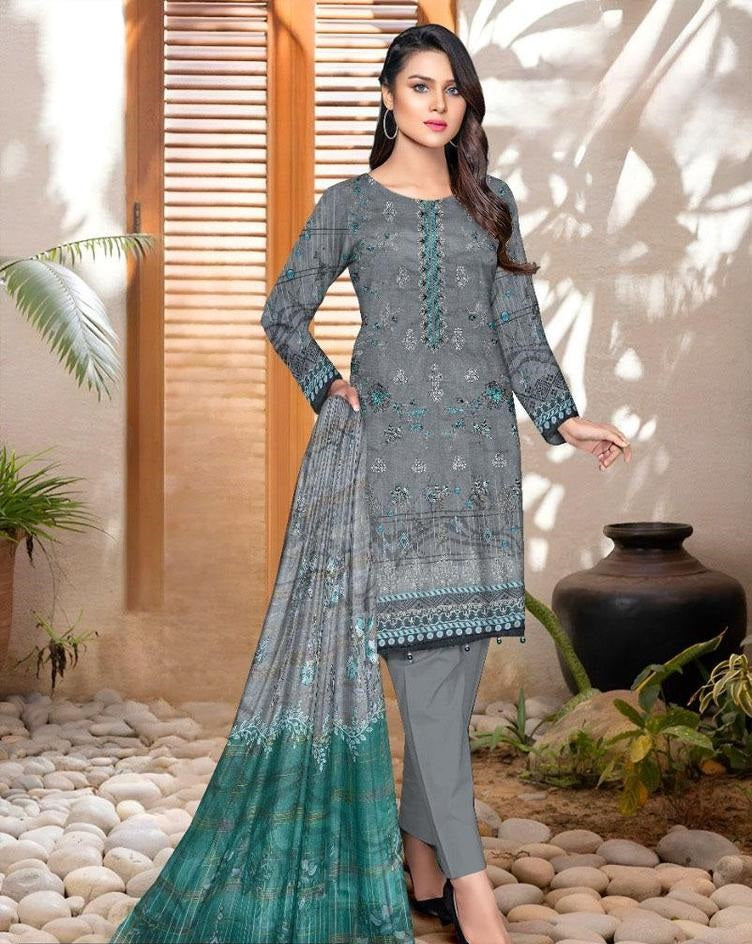 3 Pcs Women's Unstitched Lawn Embroidered Suit