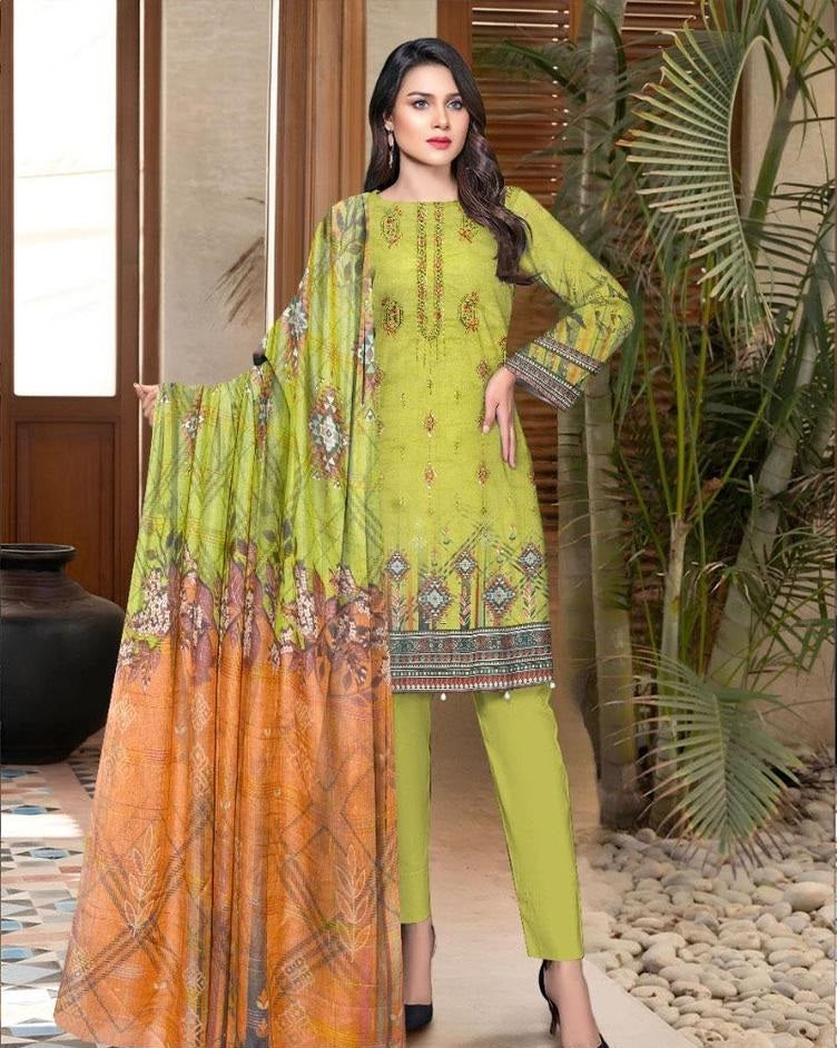 3 Pcs Women's Unstitched Lawn Embroidered Suit