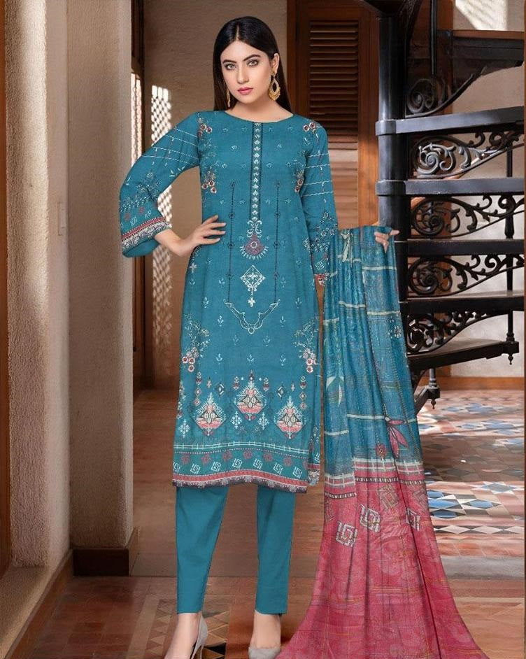 3 Pcs Women's Unstitched Lawn Embroidered Suit