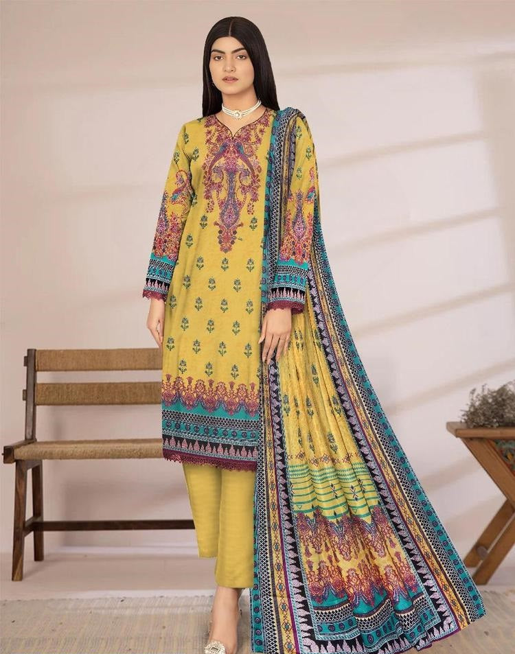 3 Pcs Women's Unstitched Lawn Printed Suit