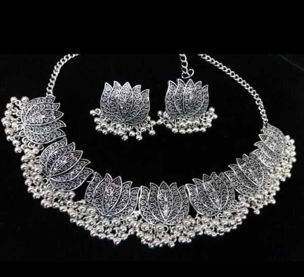 Antique Silver Afghani Flower Choker Necklace With Earrings For Women & Girls