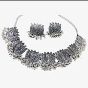 Antique Silver Afghani Flower Choker Necklace With Earrings For Women & Girls