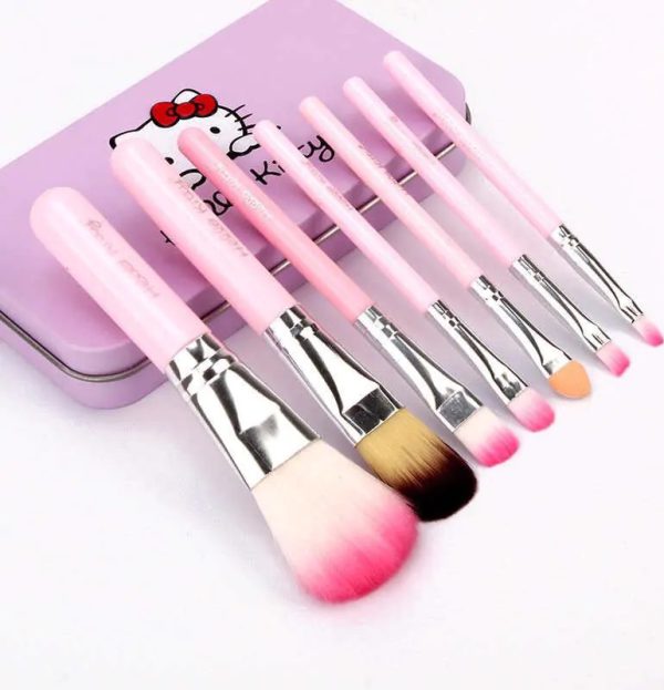 Hello Kitty Set Of 7 Pieces Complete Makeup Mini Brush Kit With A Storage Box