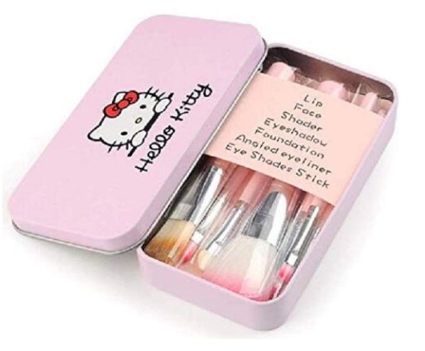 Hello Kitty Set Of 7 Pieces Complete Makeup Mini Brush Kit With A Storage Box