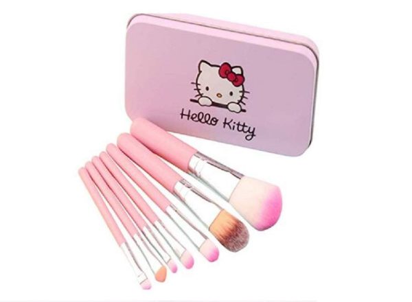 Hello Kitty Set Of 7 Pieces Complete Makeup Mini Brush Kit With A Storage Box