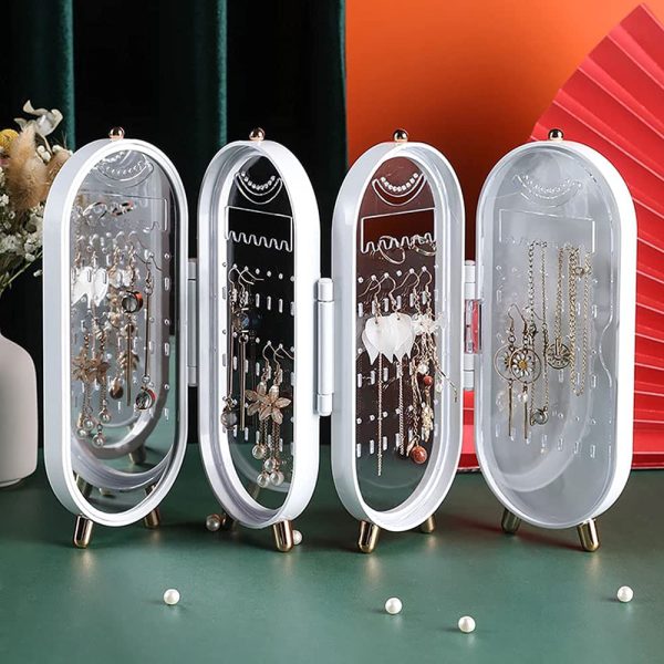 Jewellery Box Organiser With Mirror – Foldable Exquisite Dustproof Jewelry Storage Case Multi-function Screen Shaped Metal Display Jewelry Stand For Earring – Necklace & Bracelet (random Color)