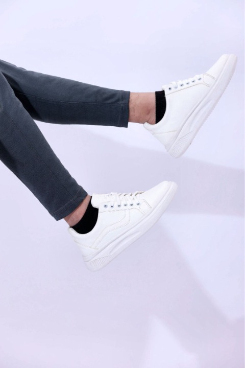 Men Casual White Sneakers With Lines Designs | Walking Shoes | Lightweight Comfortable