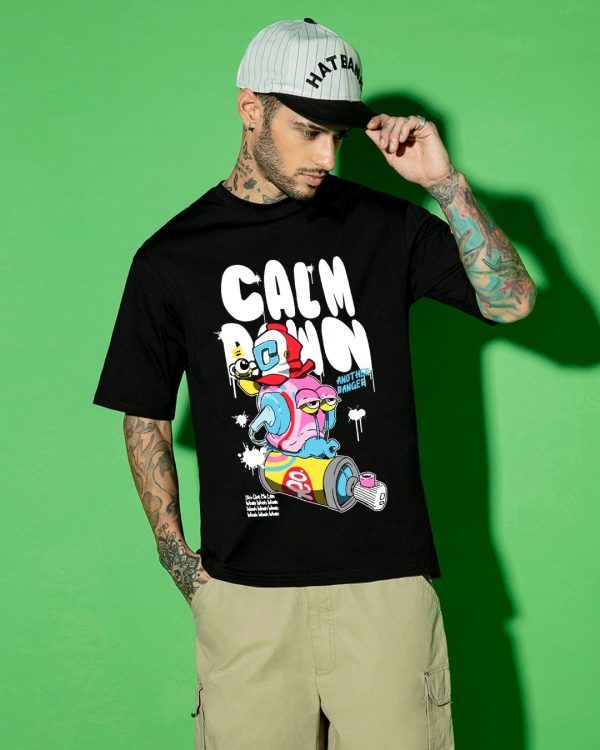 Men’s Black Calm Down Graphic Printed Oversized T-shirt