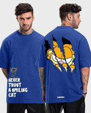 Men’s Blue Smiling Cat Graphic Printed Oversized T-shirt